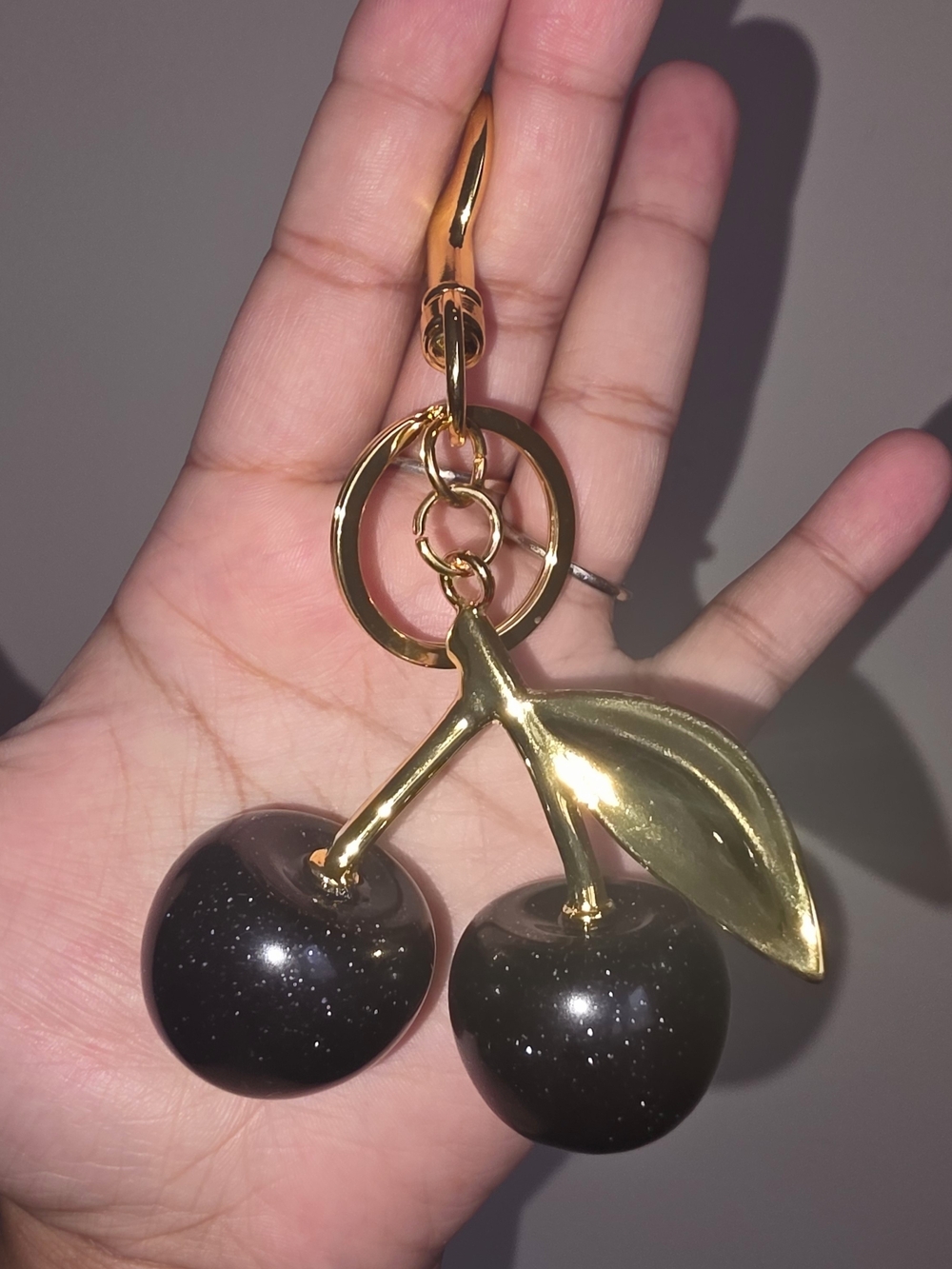 Gold Cherry Pendant Keychain with Black Glitter Cherries